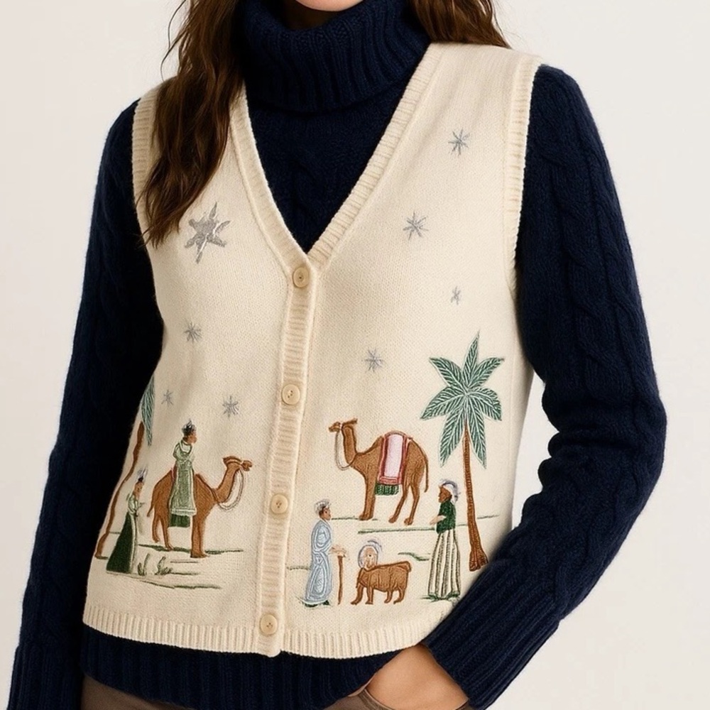 Vintage L Cream Living Nativity Mohair Cable Knit Cotton Christmas Sweater Vest